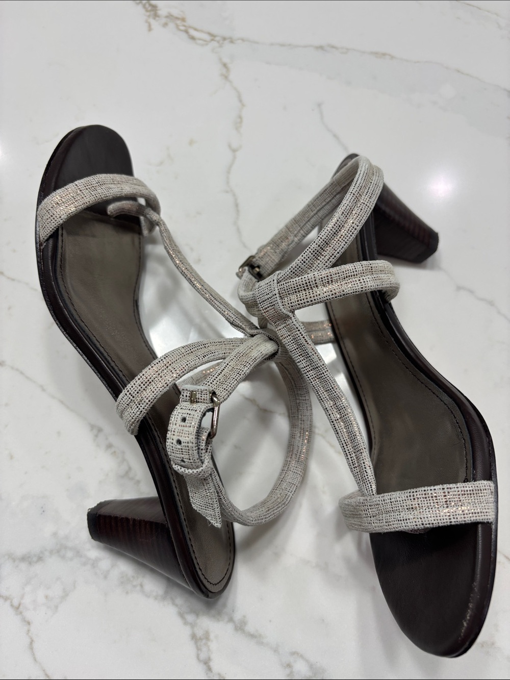 Donald J. Pliner Silver Textured Strappy Mid-Heel Sandals - Picture 9 of 13